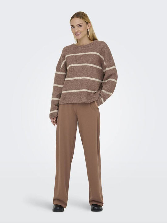 Women's Long Sleeve Sweater Woolen Striped Brown, Beige
