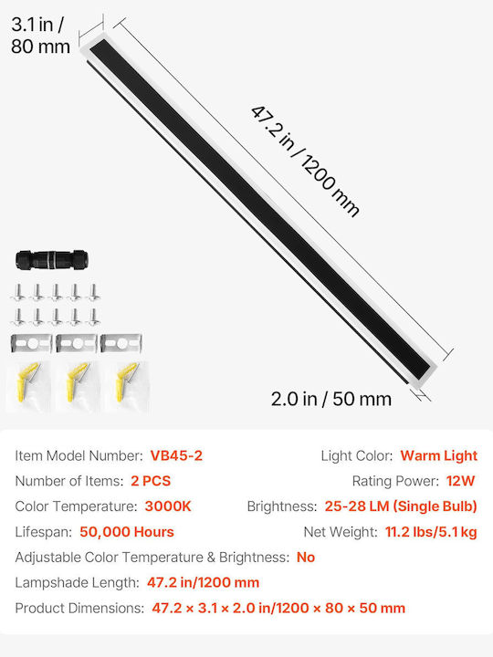 Vevor Wandmontiertes Lineares Beleuchtungsgerät LED IP65 12W mit Warmweißem Licht Doppelstrahl
