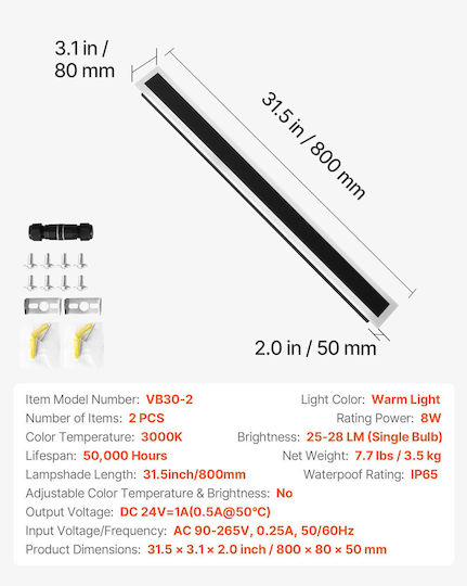 Vevor Wandmontiertes Lineares LED-Außenleuchte IP65 8W mit Warmweißem Licht Doppelstrahl 80x8x5cm