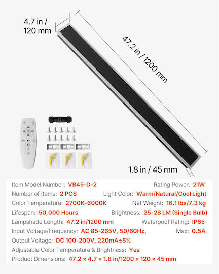 Vevor Επιτοίχιο Γραμμικό Φωτιστικό LED IP65