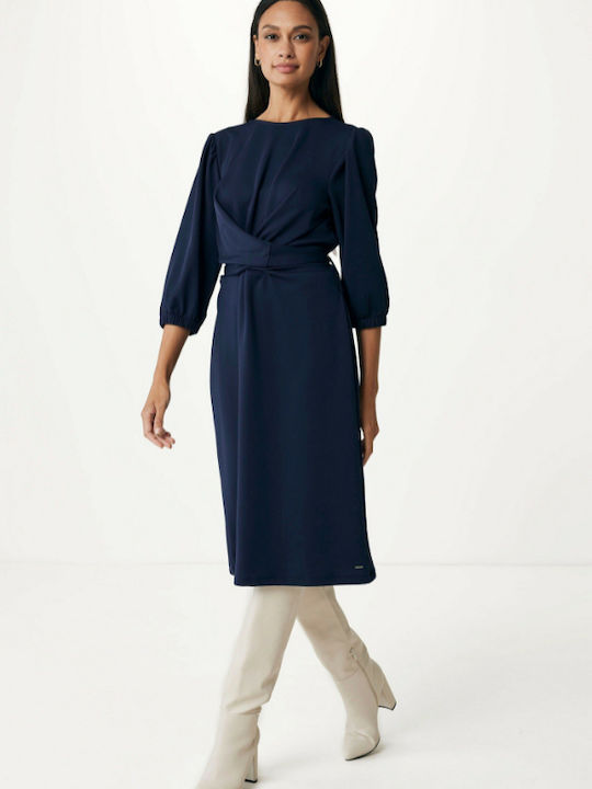 Midi Shirt Dress with 3/4 Sleeve Wrap Navy Blue