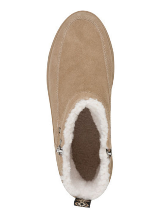 Leather Women's Ankle Boots with Fur Beige