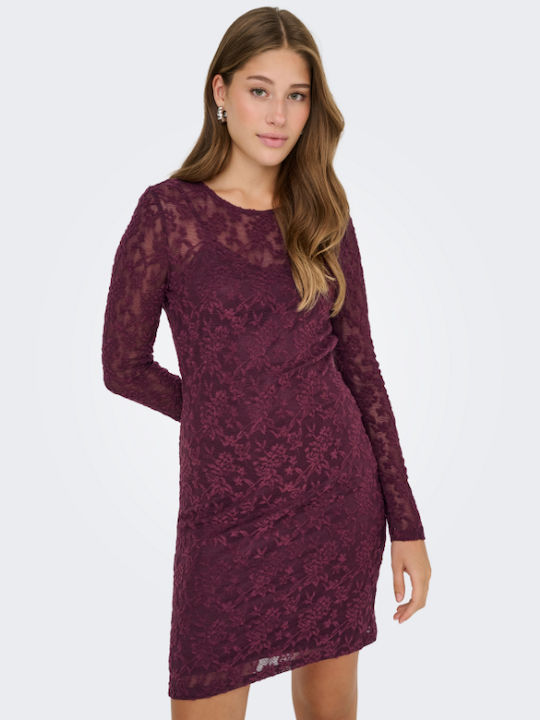 Mini Evening Dress Open Back with Lace & Mesh Red Wine