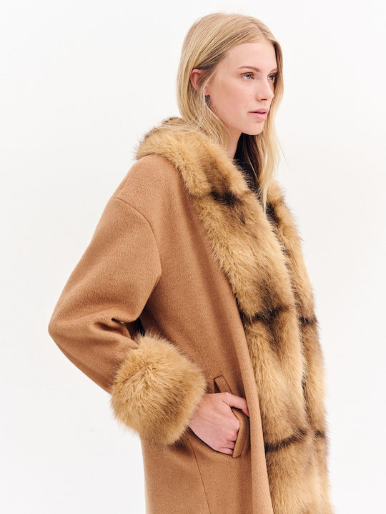 Damen Camel Mantel mit Fellbesatz