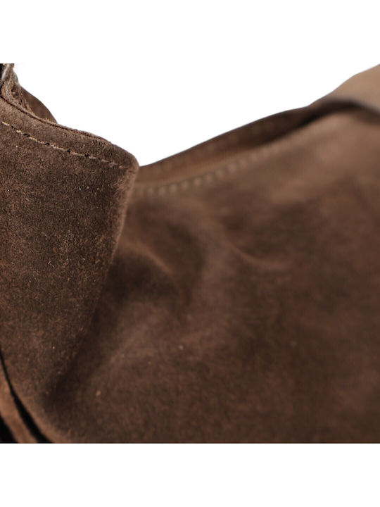 Leather Women's Suede Shoulder Bag with Fringes Dark Brown
