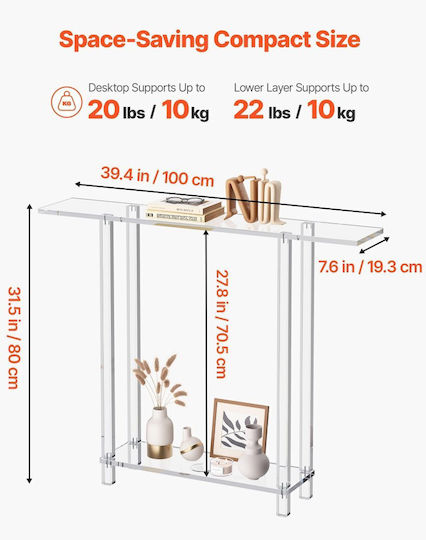 Конзолна маса Метална със Стъклено Покритие Transparent Д100xШ19.3xВ80cm