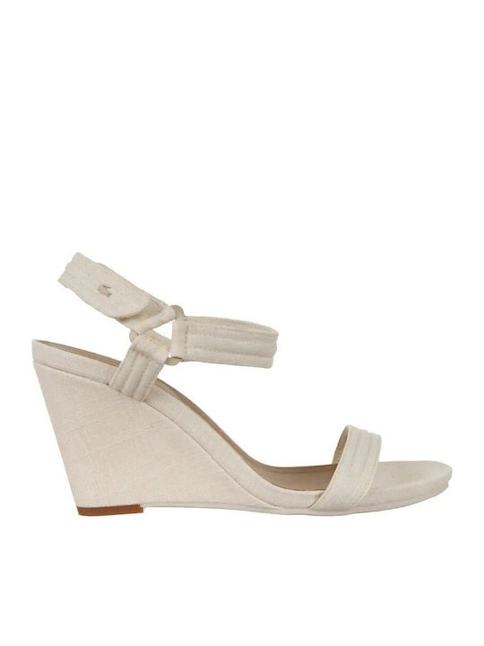 Karoly W Women's Fabric Ankle Strap Platforms Beige