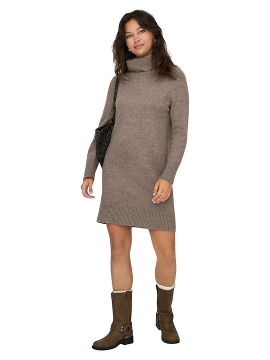 Mini Knitted Turtleneck Brown Dress