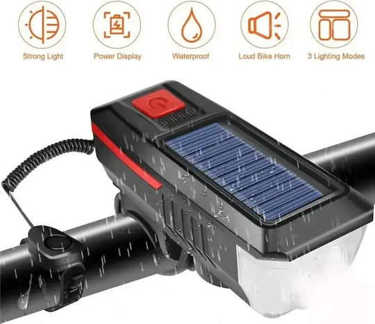 Waterproof Solar Rechargeable Bicycle Light 350lm Horn 120db 3 Lighting Modes Black Red Ly-17