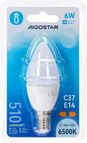 Aigostar Λάμπα LED 6W για Ντουί E14 και Σχήμα C37 Ψυχρό Λευκό 500lm
