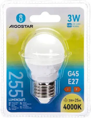 Aigostar LED Bulb 3W for Socket E27 and Shape G45 Natural White 255lm