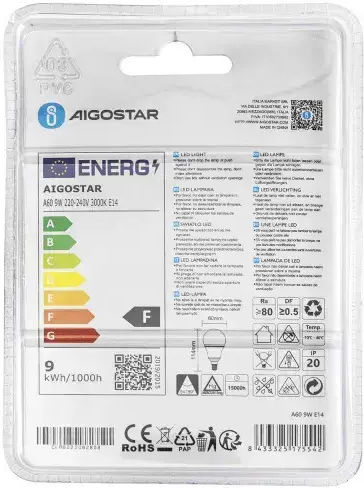 Aigostar LED Bulb 9W for Socket E14 and Shape A60 Warm White 720lm