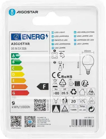 Aigostar LED Bulb 9W for Socket E14 and Shape G45 Warm White 675lm