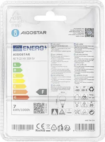 Aigostar LED Bulb 8W for Socket E14 and Shape A60 Warm White 730lm