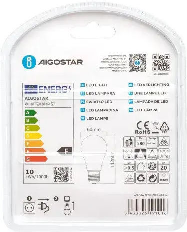 Aigostar LED крушки 10W за фасунга E27 и форма A60 Хладно бяло 950лм 2бр
