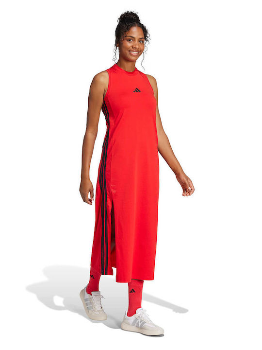 Essentials 3-Stripes Καλοκαιρινό Midi Αθλητικό Φόρεμα Αμάνικο Κόκκινο