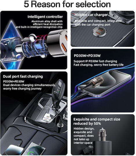 Yesido Car Charger 30W 3A Fast Charging with Ports 2xType-C Black Colour