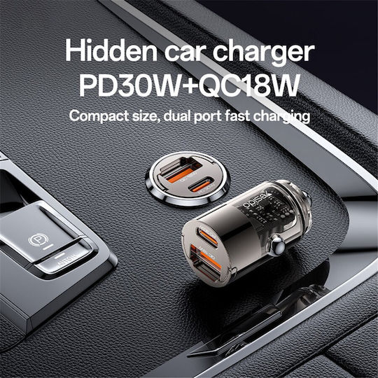 Yesido Car Charger 30W Fast Charging with Ports 1xUSB-A 1xType-C with Type-C Cable Black Colour