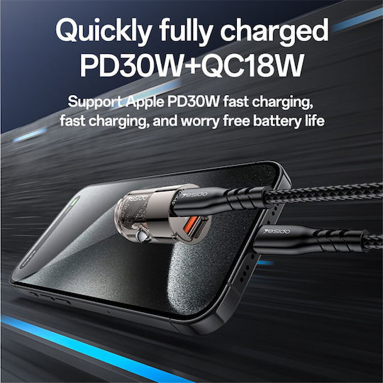 Yesido Car Charger 30W Fast Charging with Ports 1xUSB-A 1xType-C with Type-C Cable Black Colour