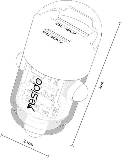 Yesido Car Charger 30W Fast Charging with Ports 1xUSB-A 1xType-C with Type-C Cable Black Colour