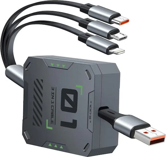 Andowl Q-SJ100 Retractable USB to Lightning / Type-C / micro USB Cable Γκρι 1m
