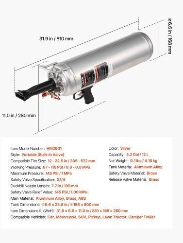 Portable Tire Bead Seating Device Vevor 3.2 Gal 12.11 L 12 L Air Bead Blaster Manual Tire Inflating Tool Working Pressure 87-116 Psi Inflatable Trigger Car Compact SUV Light Truck Electric Bicycle