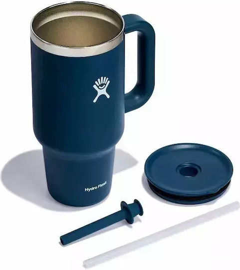 Hydro Flask Travel Tumbler Handled Tumbler Thermos Bottle Stainless Steel BPA Free 946ml Indigo With Straw And Handle