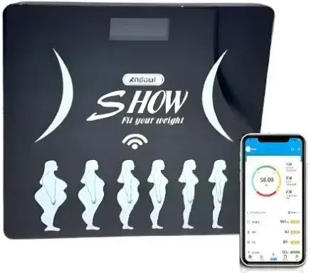 Andowl Smart Badezimmerwaage mit Körperfettmessung & Bluetooth in Rosa Farbe Q-S068