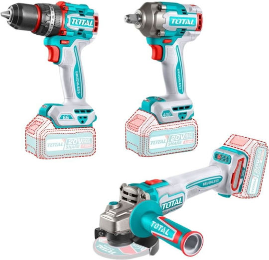 TOSLI241291E Set Eckiges Rad & Schlagbohrschrauber & Schlagschrauber Brushless 20V mit 2 Batterien 4Ah und Hülle