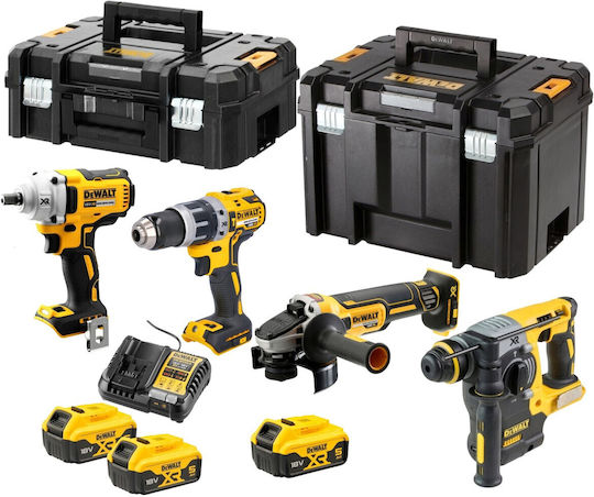 DEWALT DCK428P3T Set Angle Wheel & Impact Drill Driver & Impact Driver & Hammer Brushless 18V with 3 Batteries 5Ah and Case