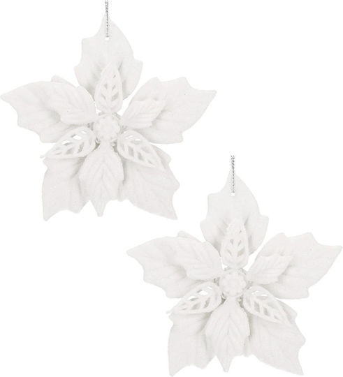 Set 10 Christmas Flowers 12 Cm Glitter Ornaments Plastic White