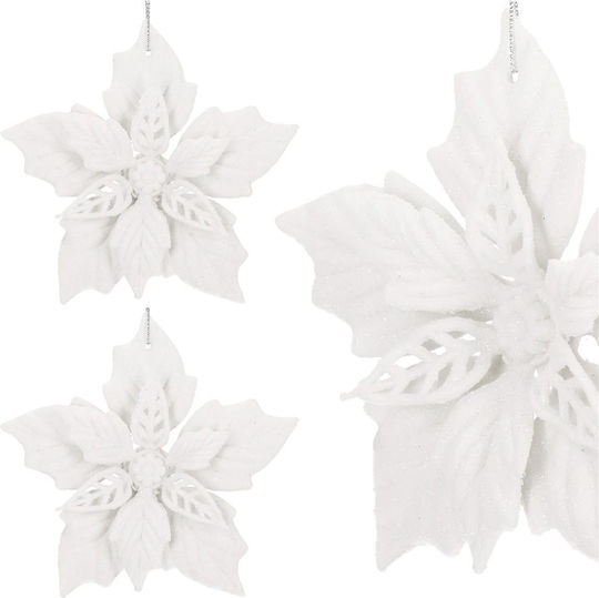Set 10 Christmas Flowers 12 Cm Glitter Ornaments Plastic White