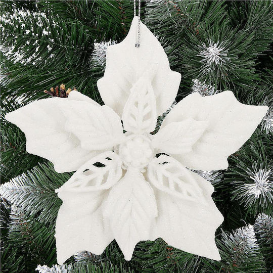 Set 10 Christmas Flowers 12 Cm Glitter Ornaments Plastic White