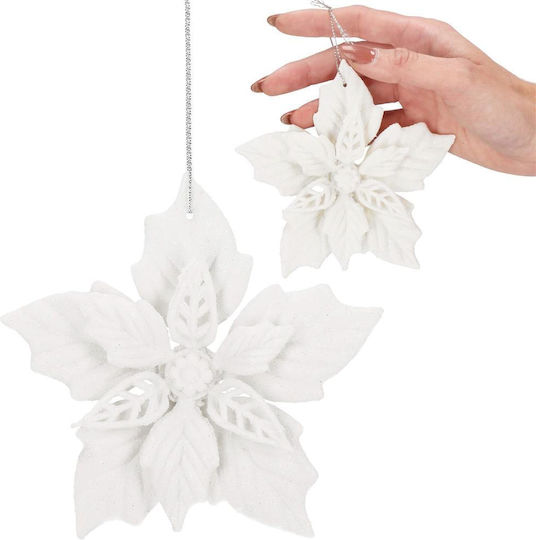 Set 10 Christmas Flowers 12 Cm Glitter Ornaments Plastic White