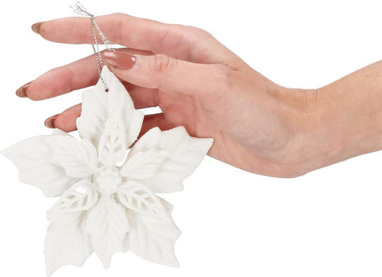 Set 10 Christmas Flowers 12 Cm Glitter Ornaments Plastic White