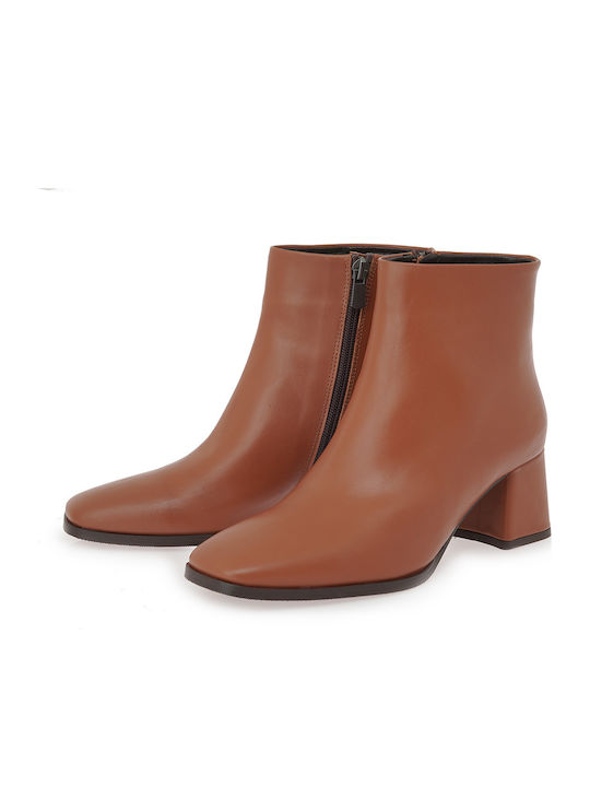 Leather Women's Ankle Boots with Medium Heel Tabac Brown
