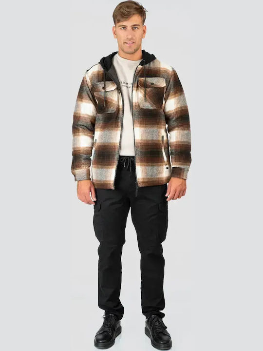 Long Sleeve Overshirt in Regular Fit Checked Black Dark Camel