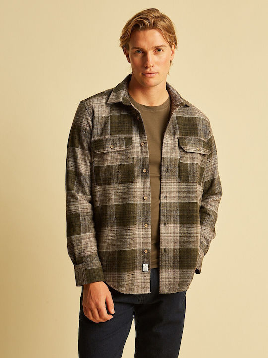 Long Sleeve Flannel Overshirt in Regular Fit Checked Olive Green