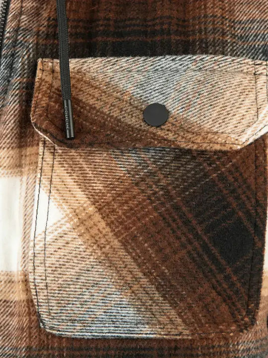 Long Sleeve Overshirt in Regular Fit Checked Black Dark Camel