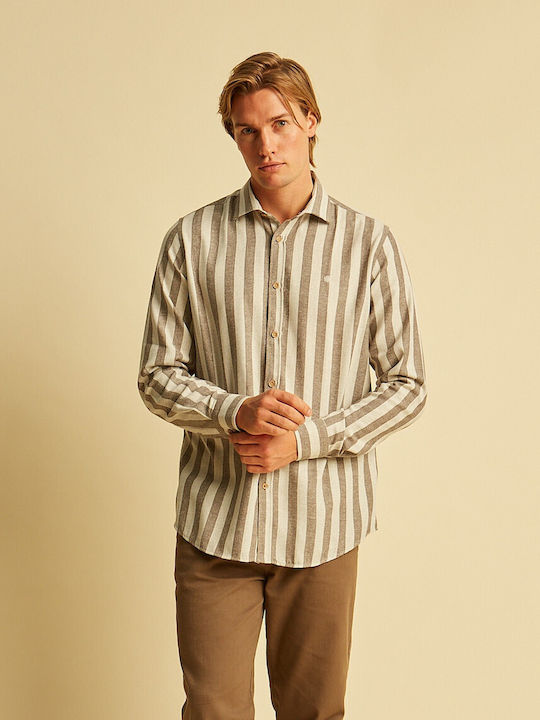 Long-sleeved Flannel Shirt Striped Khaki