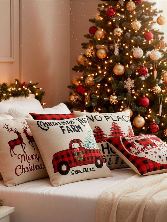 Set 4 Fețe De Pernă Decorative 40x40 Cm Motive De Crăciun Albe Roșii