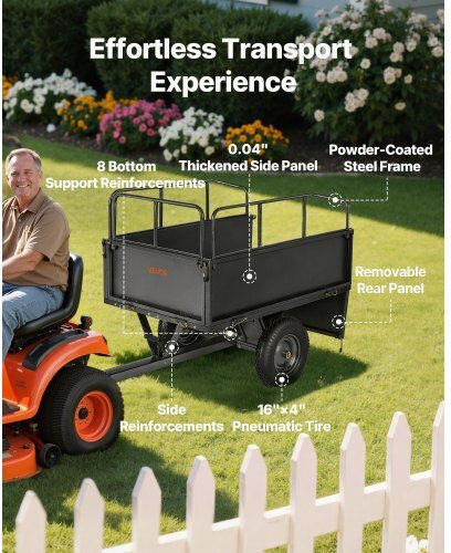 Vevor Garden Utility Trailer 17 Cubic Feet Capacity 272 kg ATV UTV Steel Transport Trailer 16" Tires Manual Pull or Foot Operated Heavy Duty Towable Lawn Tractor