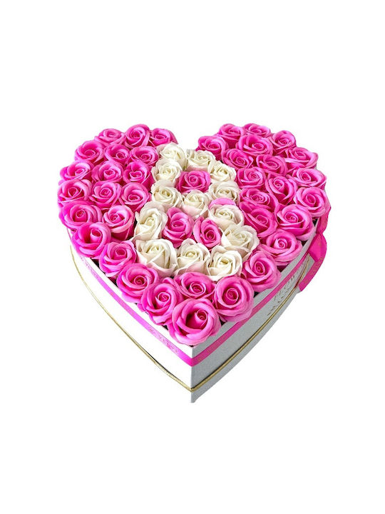 Custom Floral Arrangement Letter White Heart Box 55 Soap Roses Pink-white Custom Floral Arrangement Letter White Heart Box 55 Soap Roses Pink-white