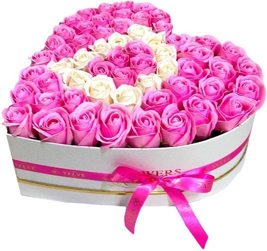 Custom Floral Arrangement Letter White Heart Box 55 Pink-White Soap Roses