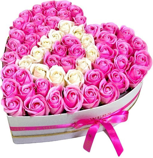 Custom Floral Arrangement Letter White Heart Box 55 Pink-White Soap Roses