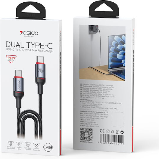Yesido Braided USB 2.0 Cable USB-C male - USB-C 240W Black 2m