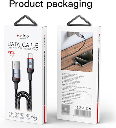 Yesido Редовна USB 2.0 Кабел USB-C мъжки - USB-A мъжки 60W Черен 2м
