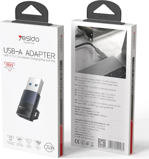 Yesido Μετατροπέας USB-A male σε USB-C male Γκρι 1τμχ