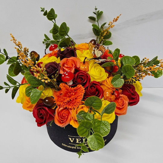 Halloween Floral Arrangement Amber Dream In Round Box 49 Soap Roses Carnations Pumpkins Acorns Mushrooms