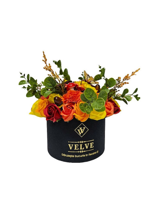 Aranjament Floral De Halloween Amber Dream În Cutie Rotundă 49 Trandafiri Săpun Crizanteme Dovleci Alune Ciuperci